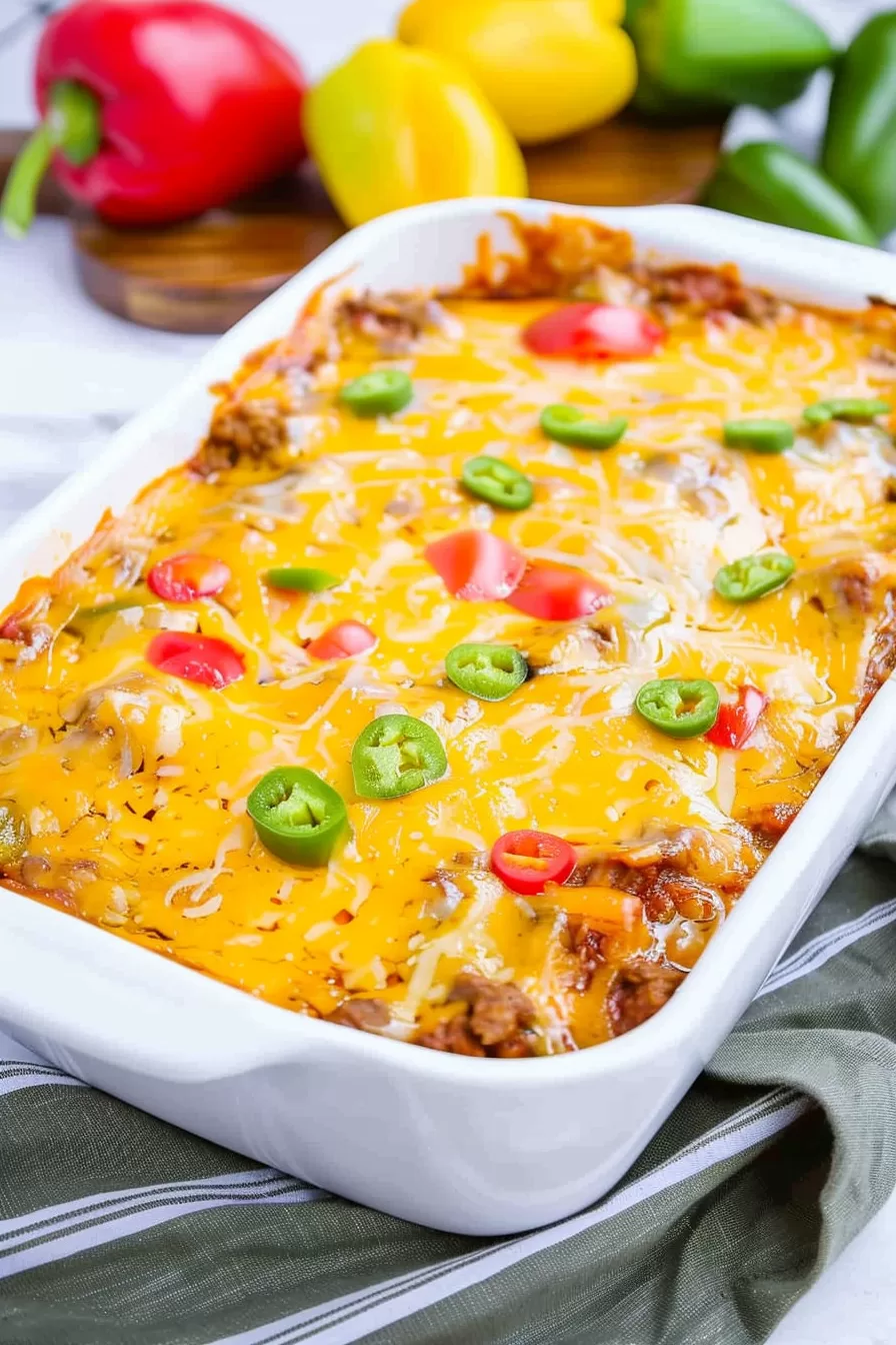 A top-down view of Mexican lasagna in a casserole dish, showcasing its golden-brown cheesy crust and jalapeño garnish.