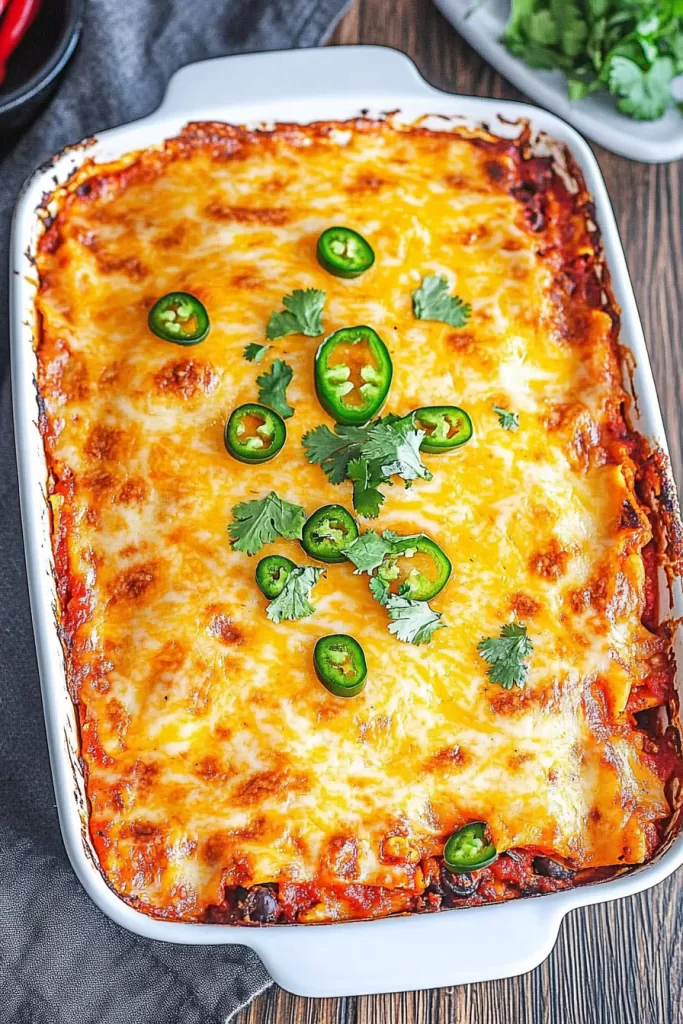 A golden, cheesy baked lasagna topped with sliced jalapeños and fresh cilantro leaves in a white casserole dish.