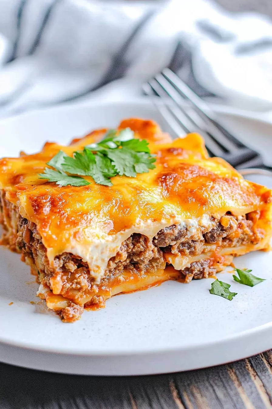 A close-up slice of Mexican Taco Lasagna, showcasing its layered beef, cheese, and tortilla filling.