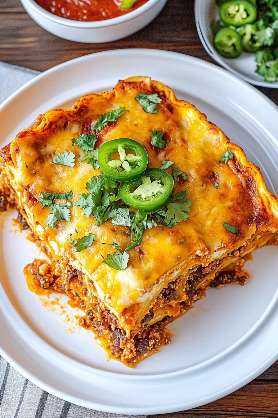 A hearty serving of Mexican Taco Lasagna garnished with fresh cilantro and jalapeño slices on a white plate.