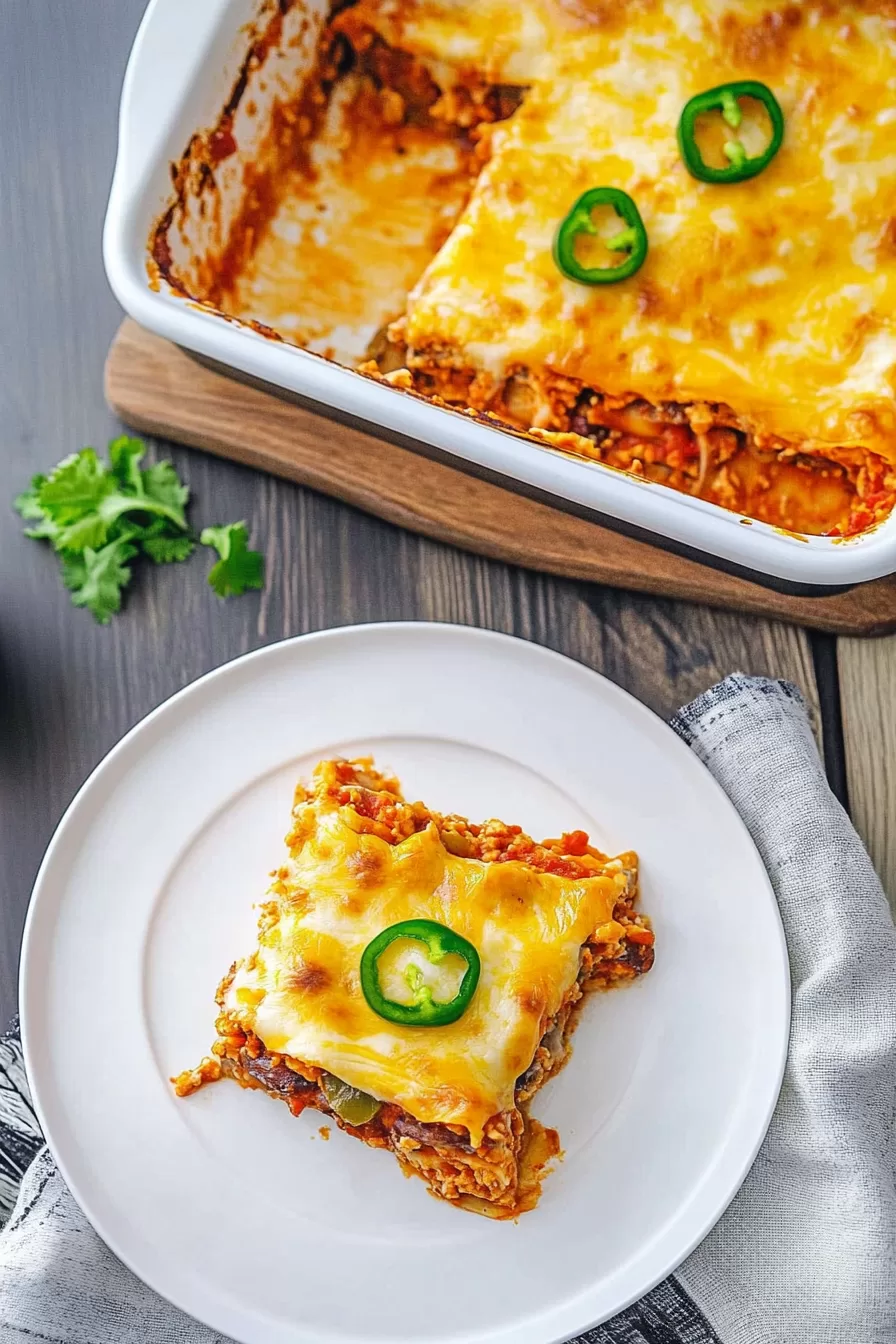 A partially served dish of Mexican Taco Lasagna, with melted cheese bubbling on the edges.