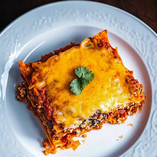 A top-down view of Mexican Taco Lasagna, served with a side of salsa and garnished with fresh herbs.