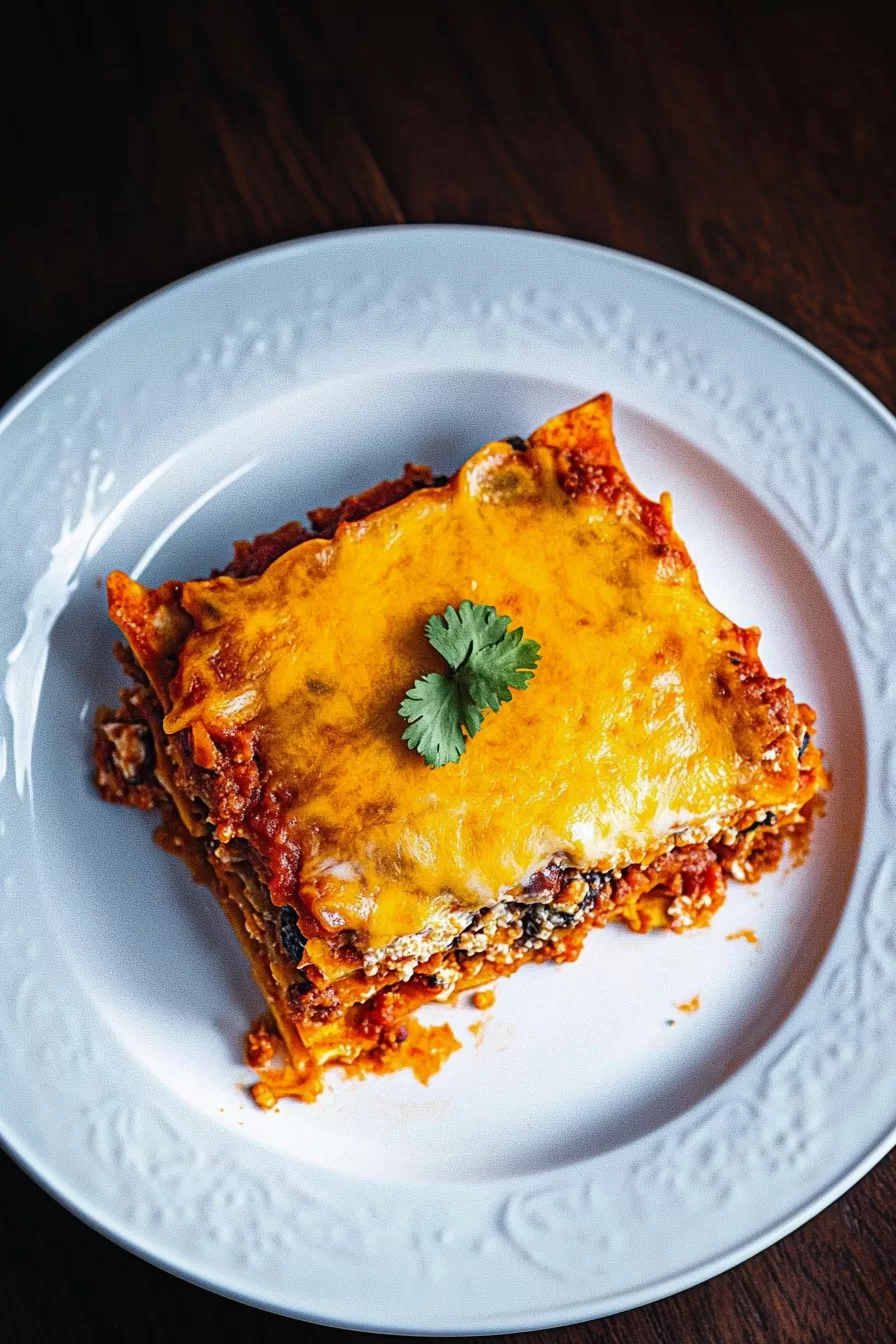 A top-down view of Mexican Taco Lasagna, served with a side of salsa and garnished with fresh herbs.