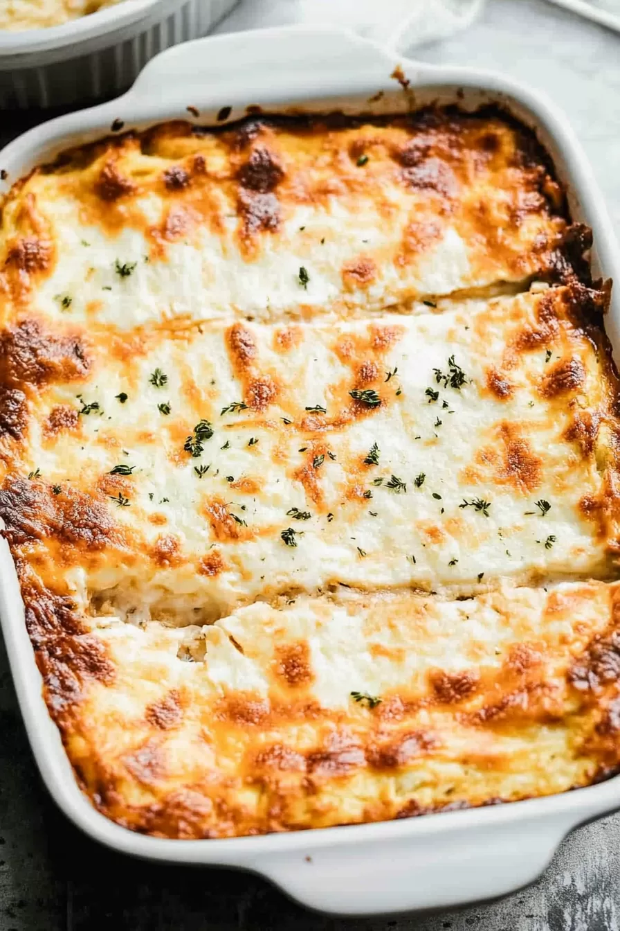 Golden-brown baked casserole topped with melted cheese and fresh herbs in a white baking dish.