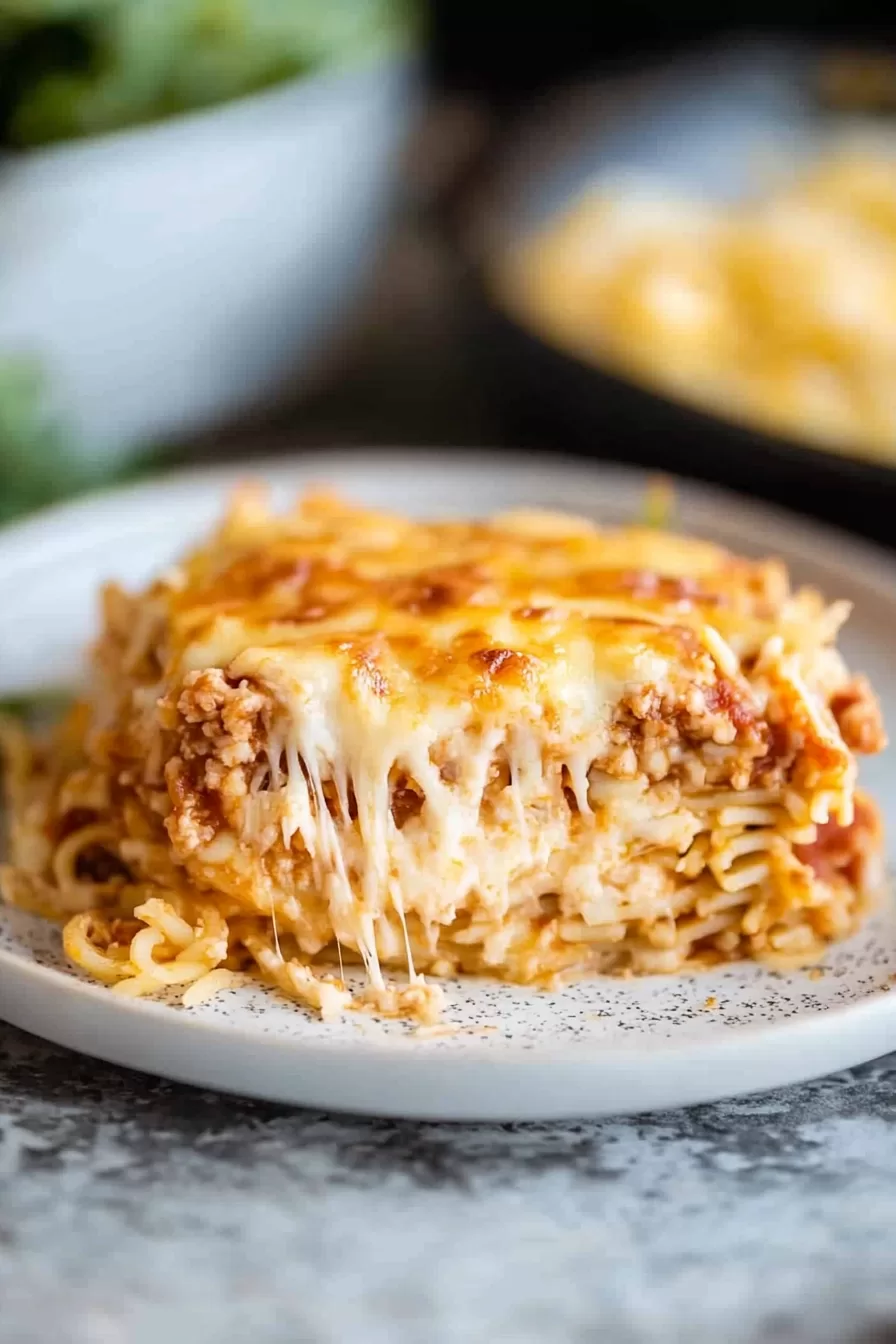 A cheesy slice of spaghetti casserole pulled from the dish, with strings of gooey melted cheese.