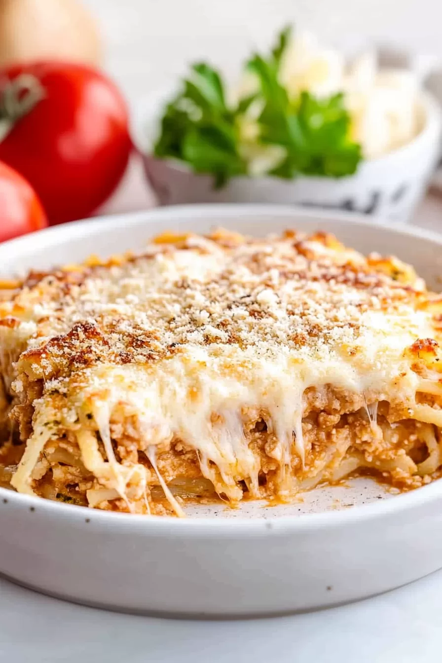 Bubbly, golden-topped spaghetti casserole garnished with a sprinkle of fresh herbs, ready to serve.