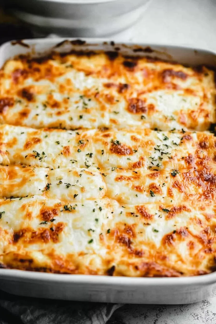 A hearty slice of casserole revealing layers of pasta, sauce, and cheese on a rustic white plate.