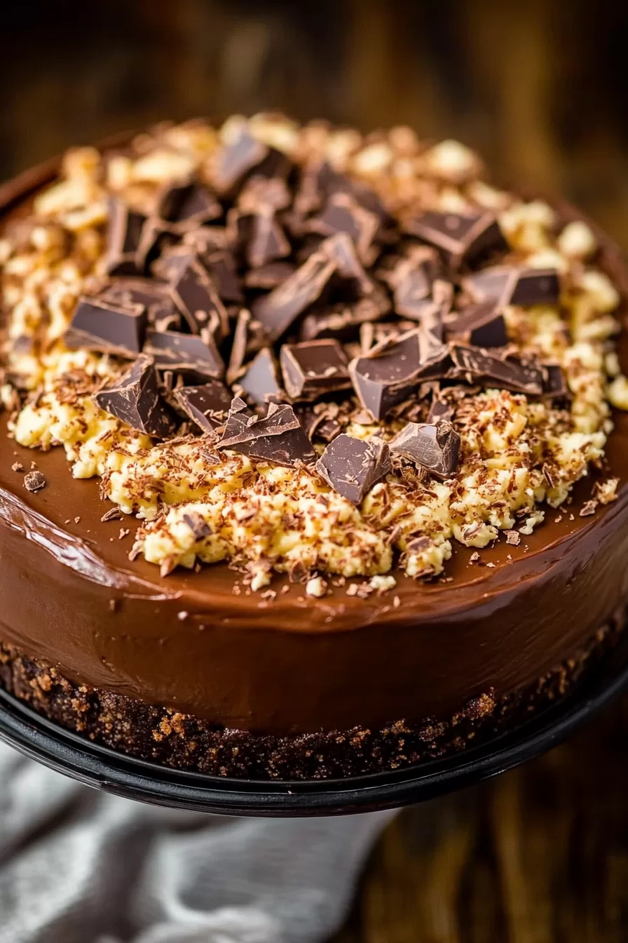 A decadent no-bake pie with a glossy chocolate filling and a crumbly cookie crust, topped with coconut flakes.