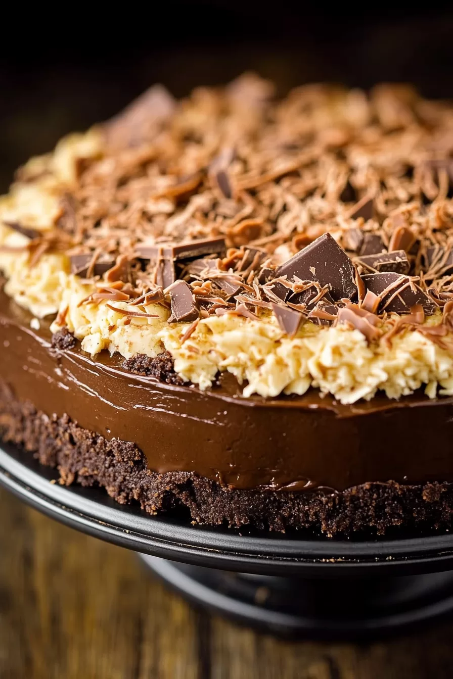 A close-up of a luscious no-bake chocolate pie topped with chopped chocolate and coconut crumble.