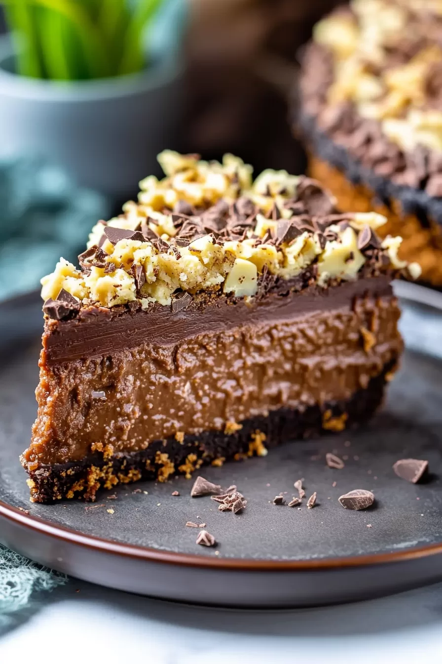 Side view of a creamy German chocolate pie slice on a dark plate, garnished with chocolate shavings.