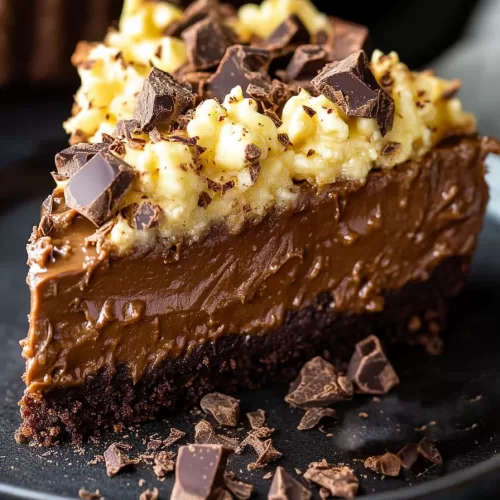 A slice of rich chocolate pie with layers of silky filling and a crunchy base, garnished with coconut and chocolate.