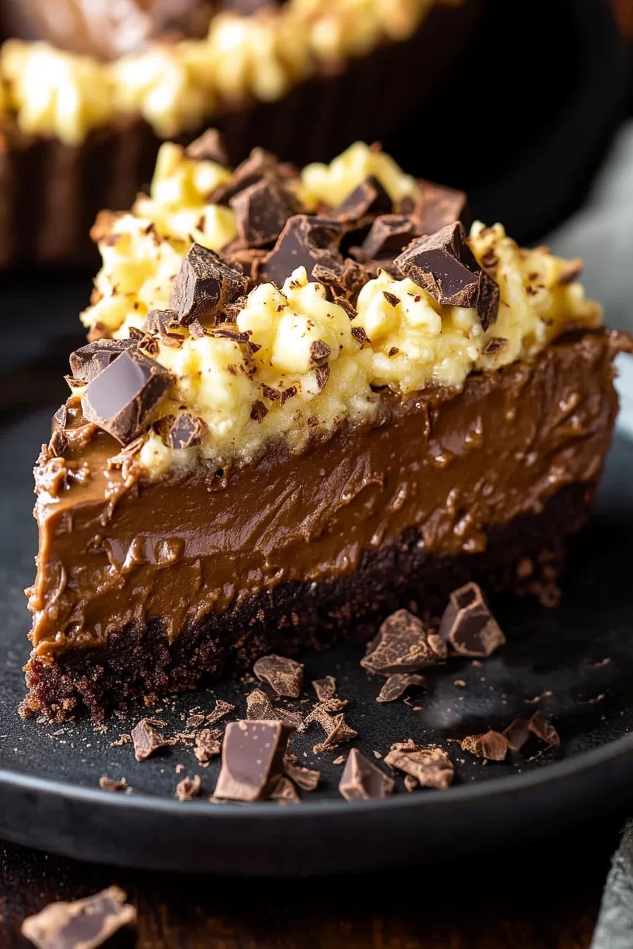 A slice of rich chocolate pie with layers of silky filling and a crunchy base, garnished with coconut and chocolate.