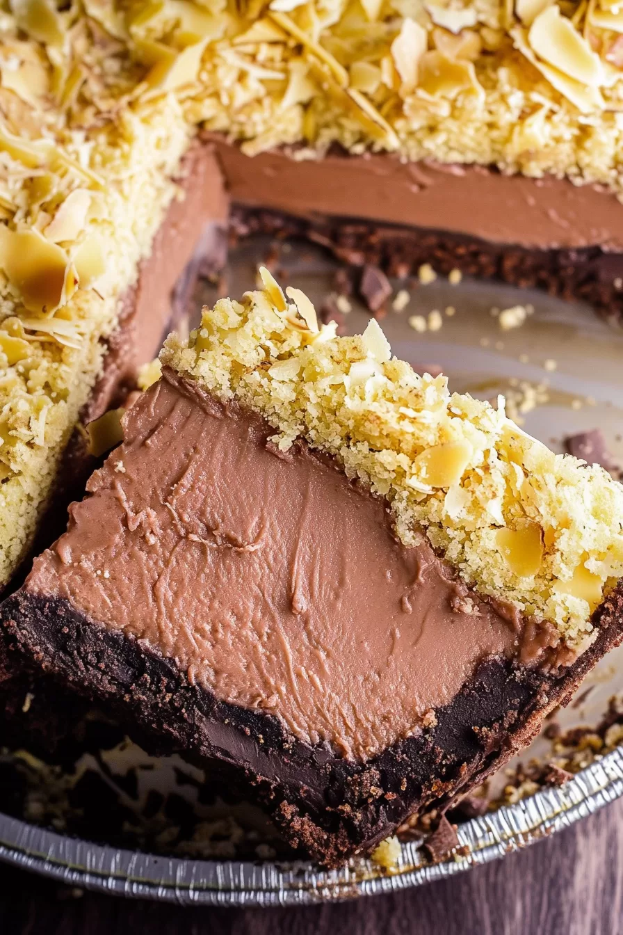 An overhead shot of a German chocolate pie, showcasing its intricate topping of chocolate and coconut pieces.