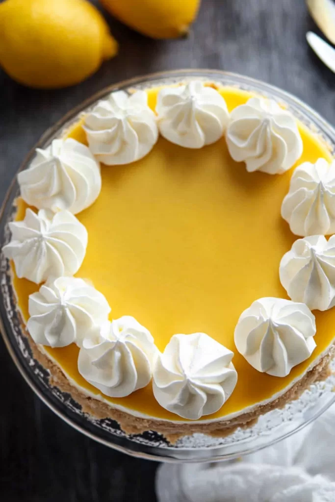 A vibrant lemon cheesecake topped with swirls of whipped cream, displayed elegantly on a cake stand.