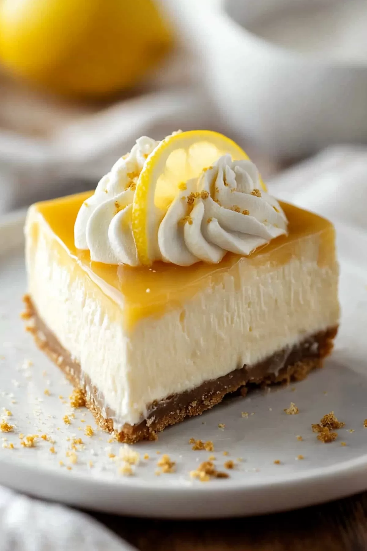 Close-up of a single cheesecake slice with a graham cracker crust, showcasing its creamy texture and bright yellow lemon topping.