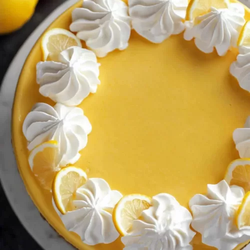 Overhead shot of a whole lemon cheesecake, decorated with piped whipped cream and fresh lemon slices.