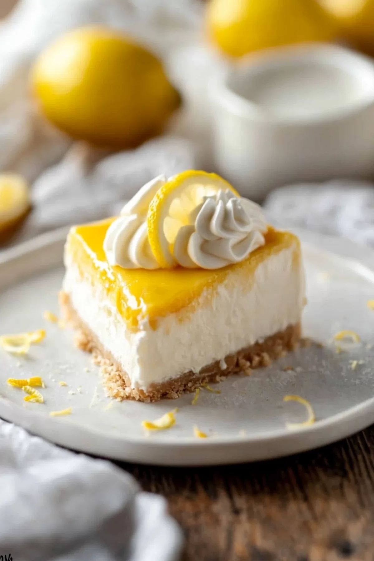 A beautifully plated slice of lemon cheesecake with whipped cream and lemon zest, surrounded by fresh lemons in the background.