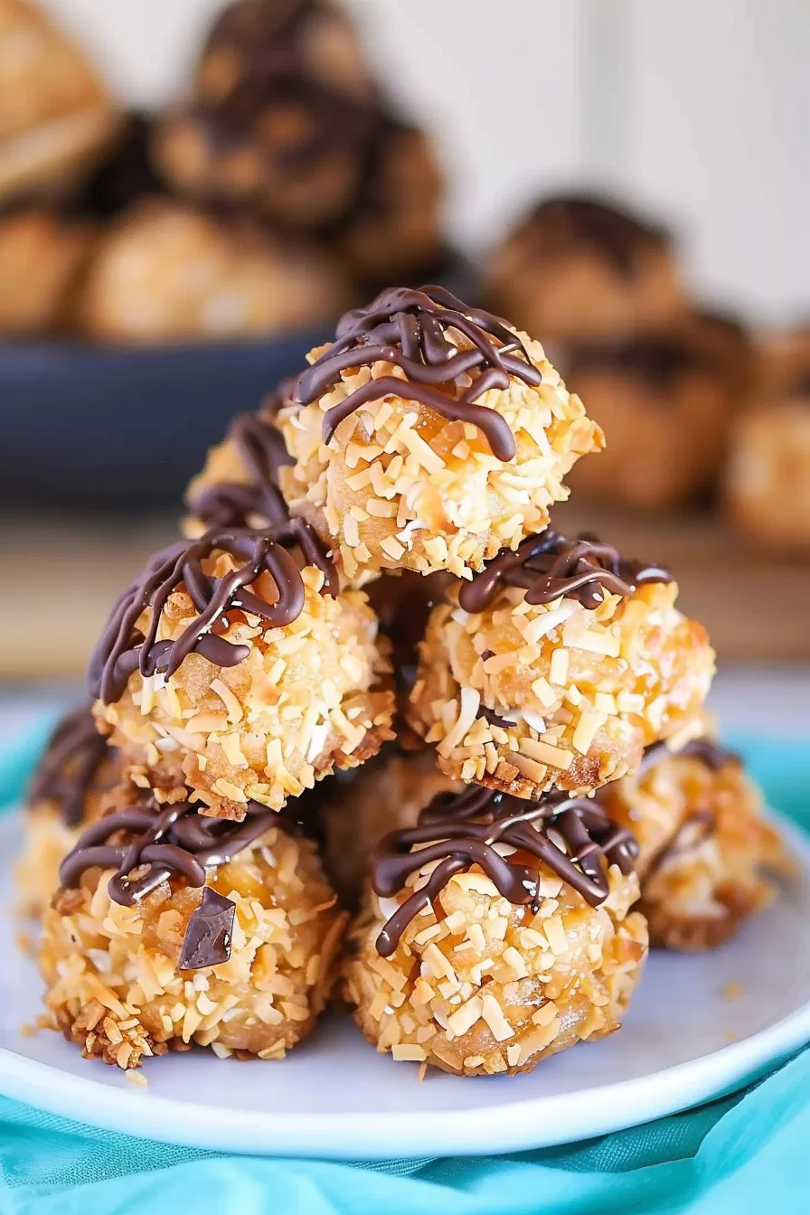 A stack of caramel and coconut macaroons topped with chocolate drizzle, sitting on a light blue napkin.