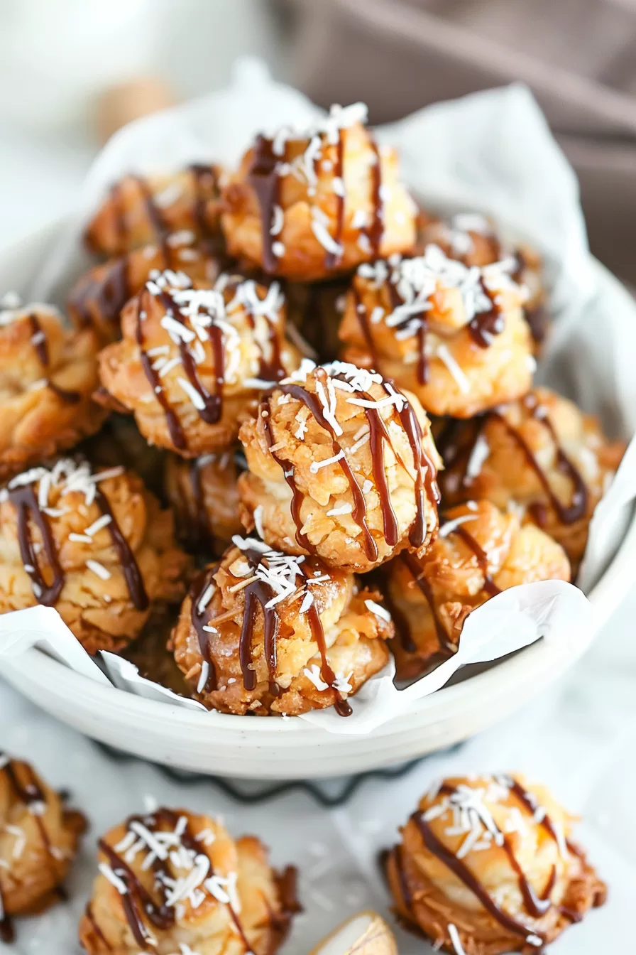 An overhead view of a bowl of macaroons surrounded by caramel sauce and sprinkled with toasted coconut flakes.