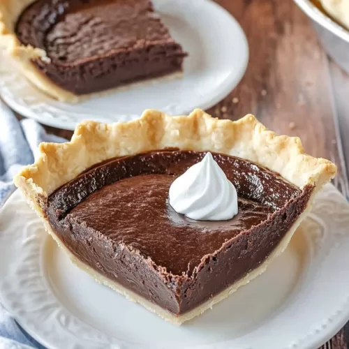 A slice of chocolate cream pie with a golden crust served on a rustic wooden table.