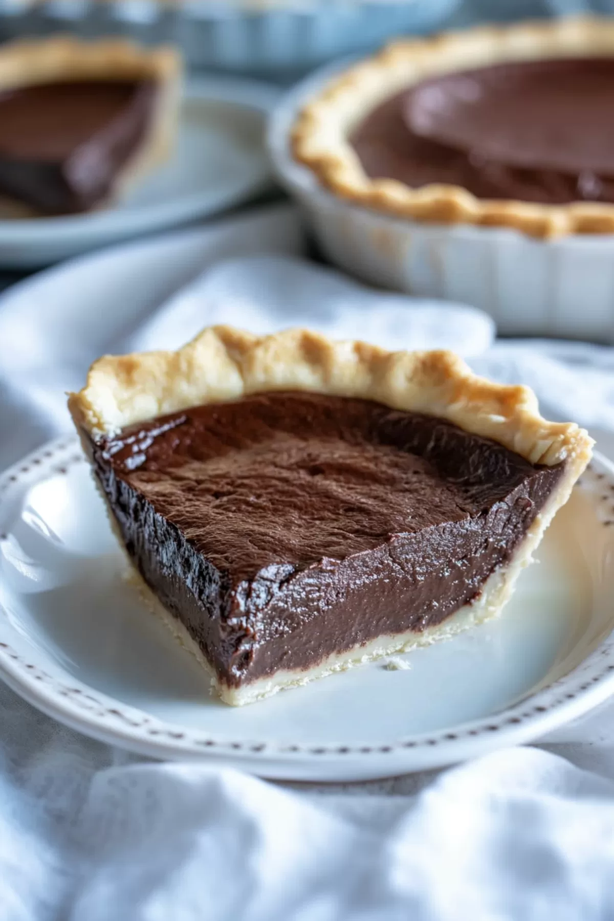 A beautifully set table featuring a chocolate cream pie slice with whipped cream and a side view of the whole pie.