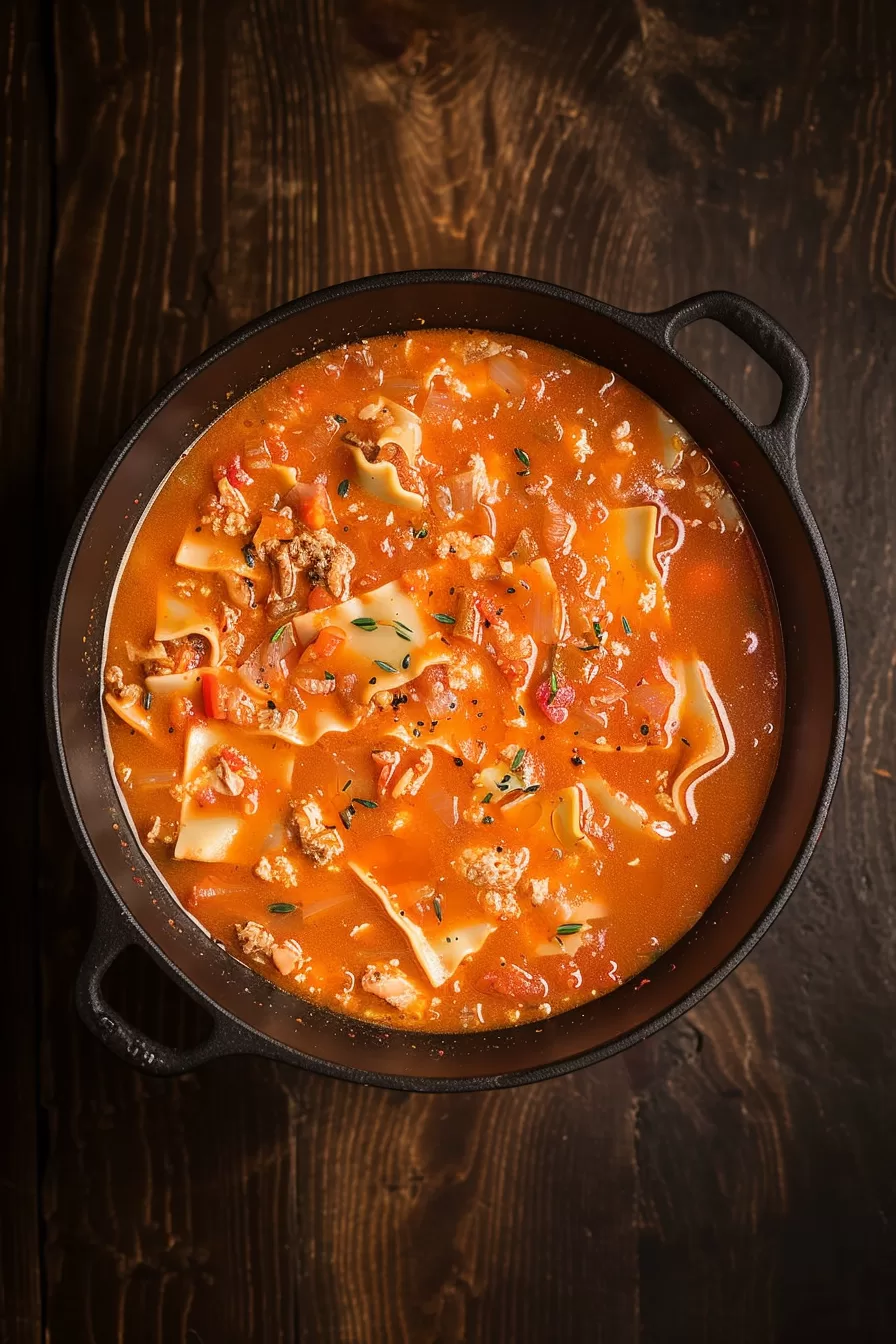 A hearty bowl of soup filled with pasta, tomatoes, and melted cheese, garnished with fresh herbs for a comforting meal.