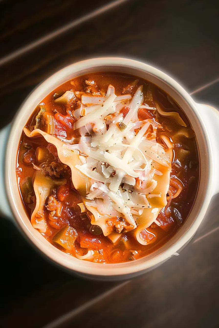 A serving of cheesy lasagna soup in a white bowl, topped with shredded Parmesan and herbs for a cozy dinner.