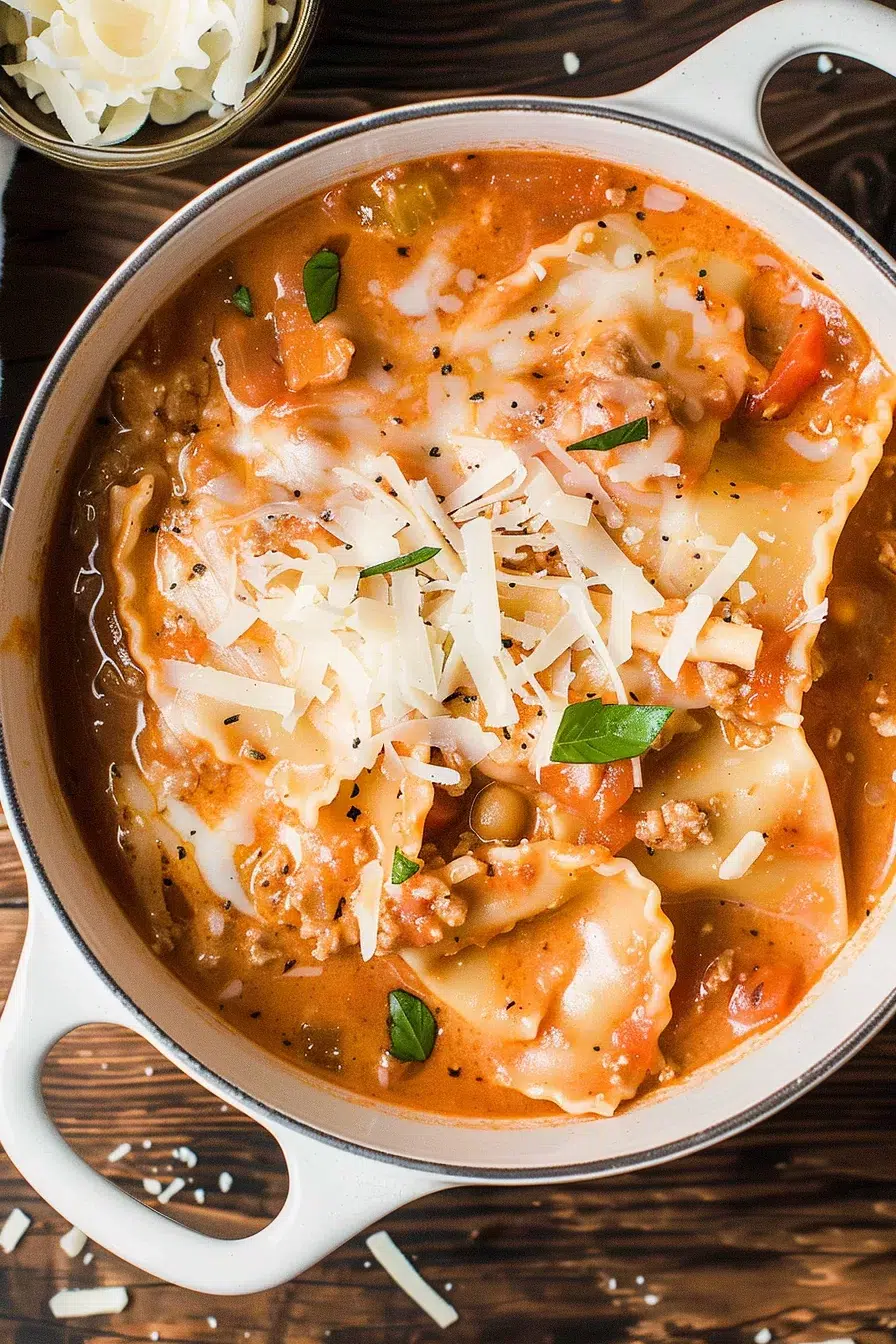 A close-up of lasagna soup in a rustic pot, showcasing tender noodles, savory tomato broth, and ground meat.