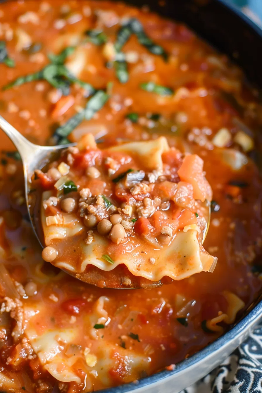 A ladle lifting a rich and flavorful scoop of lasagna soup, filled with pasta and fresh vegetables.