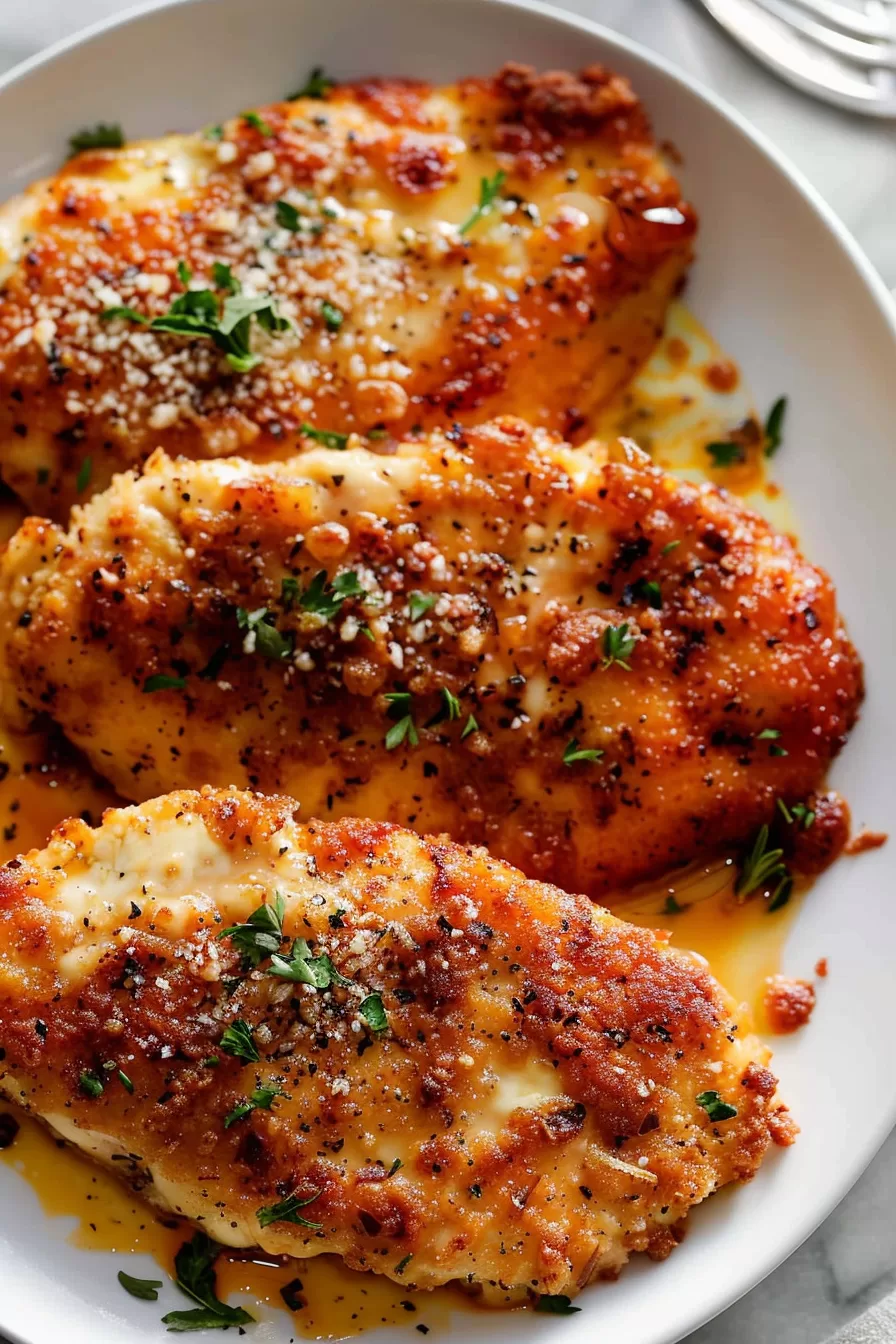 Golden-brown Parmesan crusted chicken fillets served on a white plate, garnished with fresh parsley and a sprinkle of Parmesan cheese.