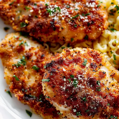 Crispy and golden Parmesan crusted chicken paired with a side of buttered noodles, topped with a dash of parsley for garnish.