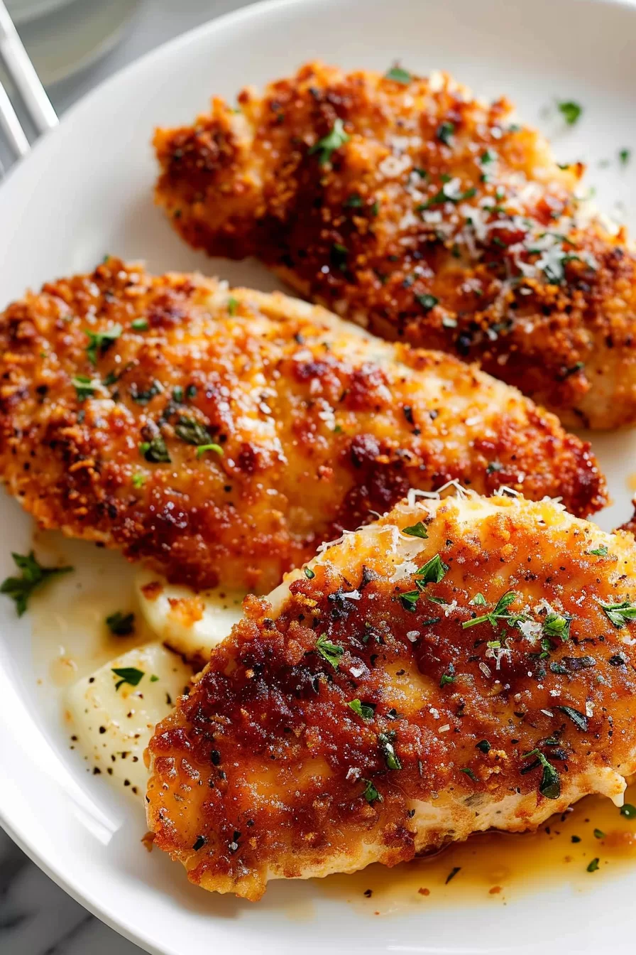 Close-up of a tender Parmesan crusted chicken breast with a crispy, flavorful crust and melted Parmesan cheese.