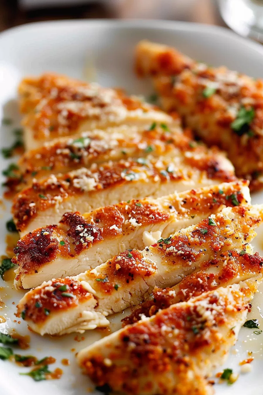 A beautifully plated Parmesan crusted chicken breast, showing its golden crust and juicy, tender inside, ready to serve.