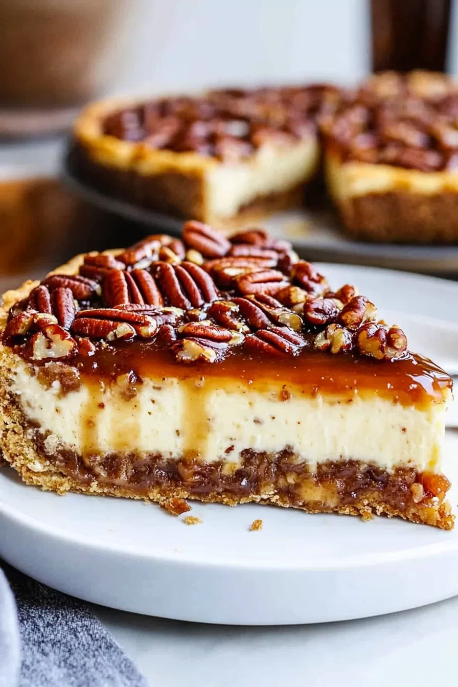 A close-up slice of creamy pecan pie cheesecake topped with glistening caramelized pecans on a white plate.