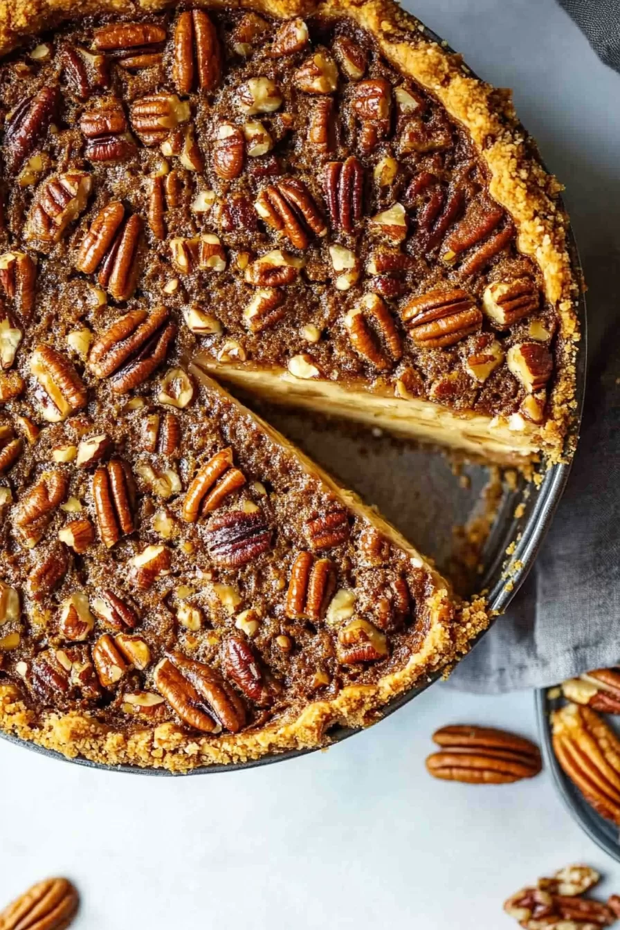 Overhead view of a pecan pie cheesecake with a golden crust and crunchy pecan topping, a slice removed to reveal the layers.