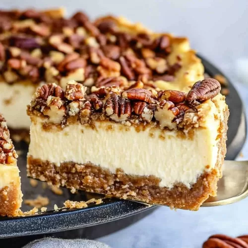 A lifted slice of pecan pie cheesecake showing the creamy filling, buttery crust, and nutty topping.