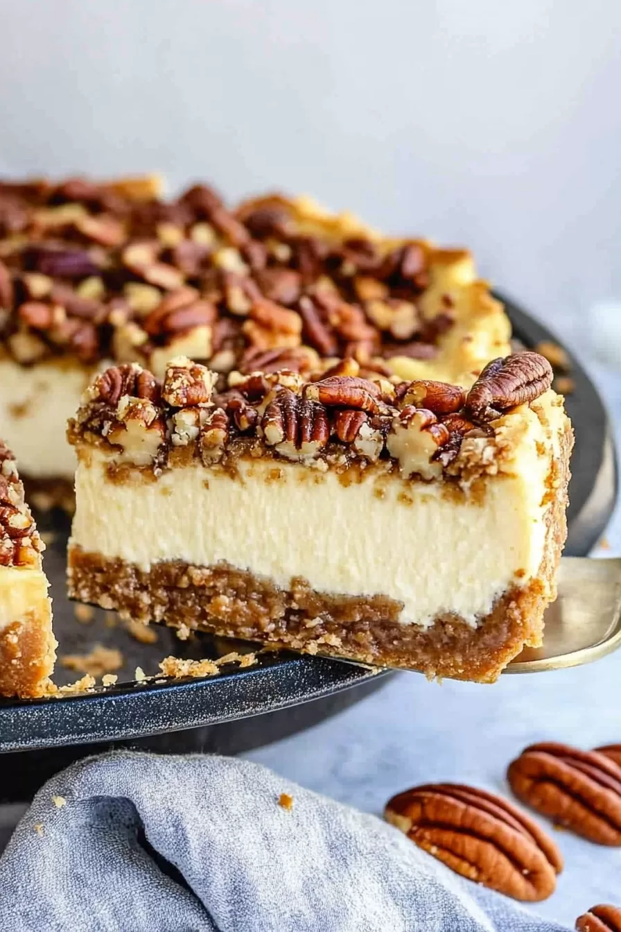 A lifted slice of pecan pie cheesecake showing the creamy filling, buttery crust, and nutty topping.