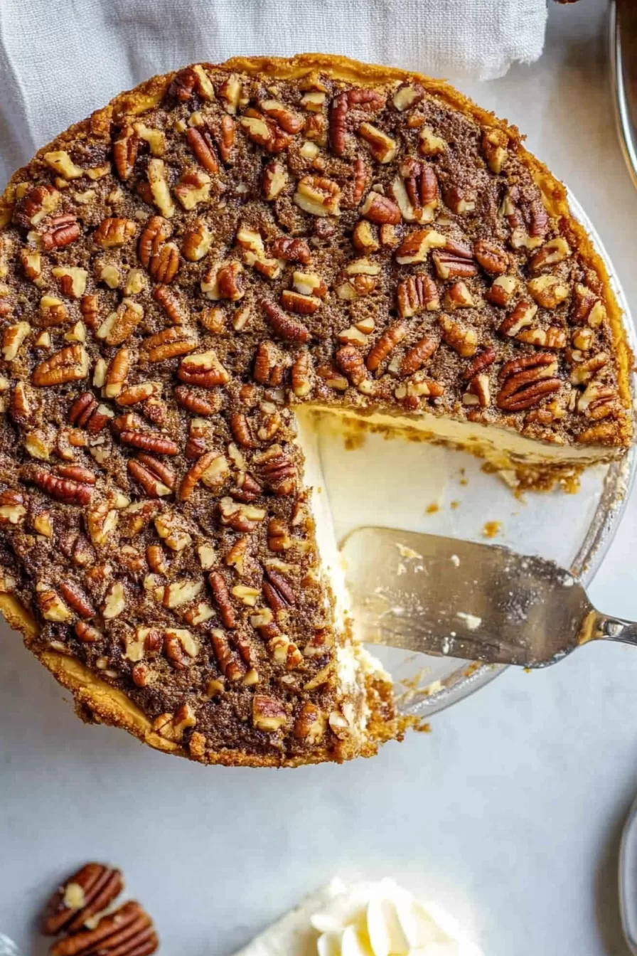 Whole pecan pie cheesecake on a serving platter, topped with toasted pecans and a golden-brown caramel glaze.