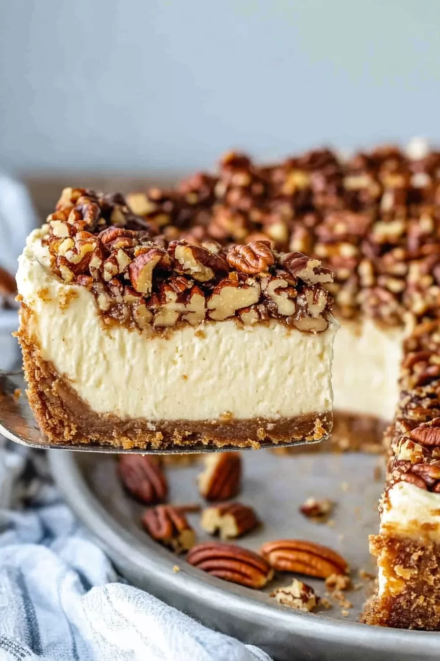 A serving of pecan pie cheesecake with a rich, smooth filling and a crunchy pecan topping, ready to be enjoyed.