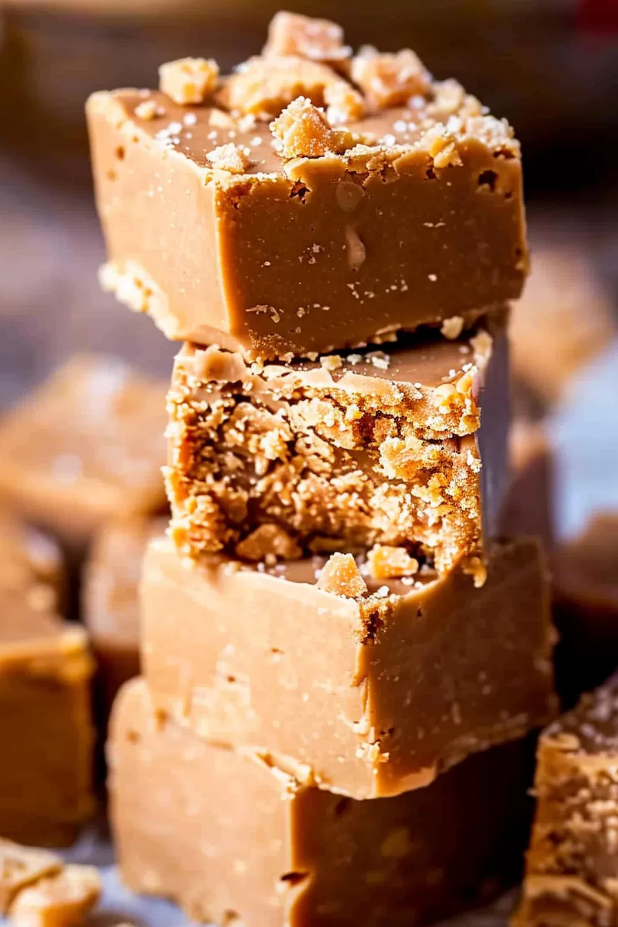 Stack of creamy Penuche Fudge squares with a crumbly topping, showcasing their smooth texture.