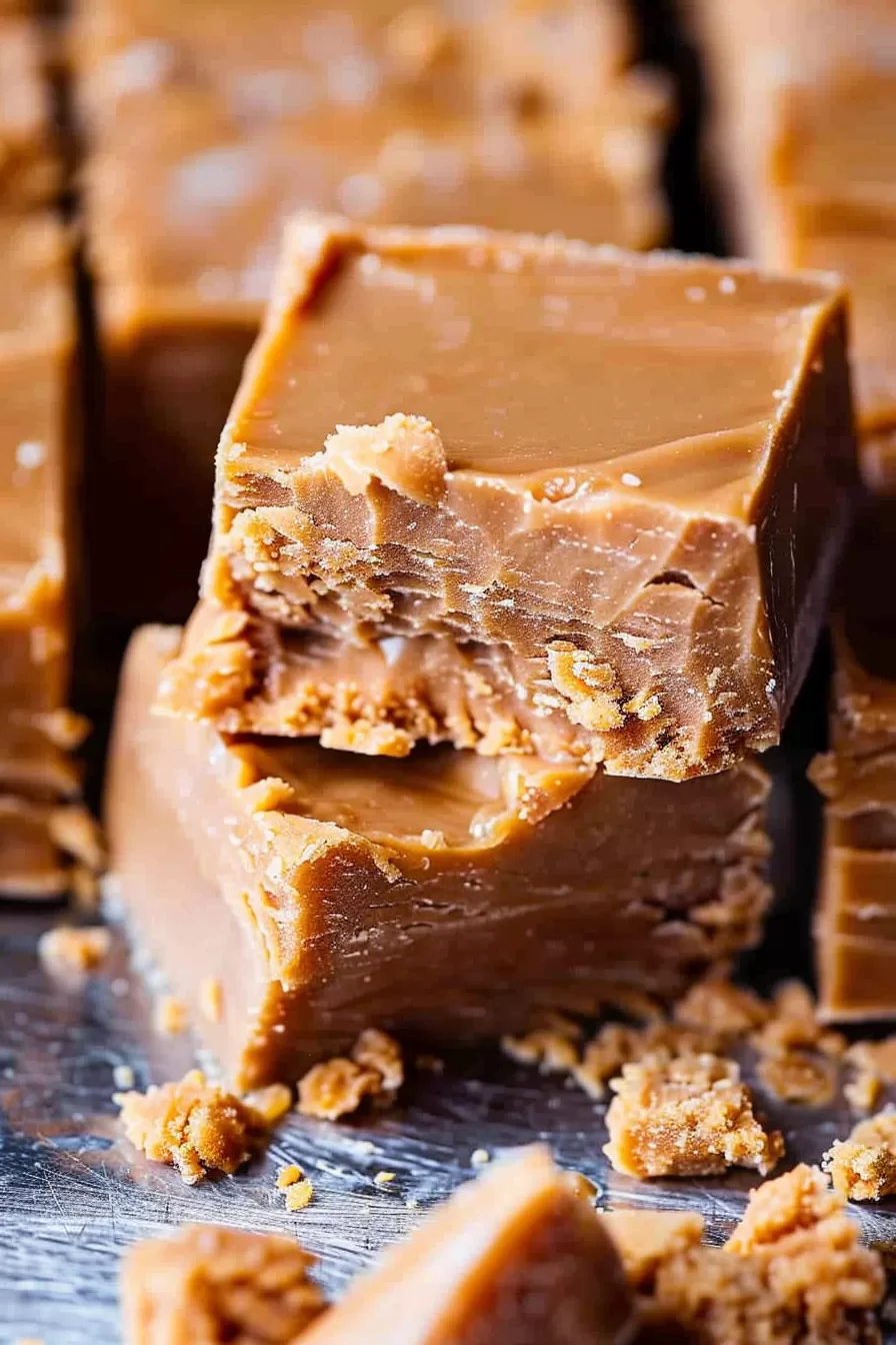 Close-up of a rich and buttery Penuche Fudge piece with a bite taken out, revealing its crumbly layers.