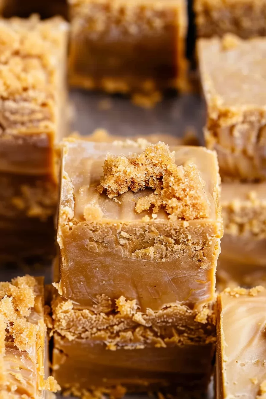 Side view of thick Penuche Fudge squares, sprinkled with a golden crumbly layer for a rustic presentation.