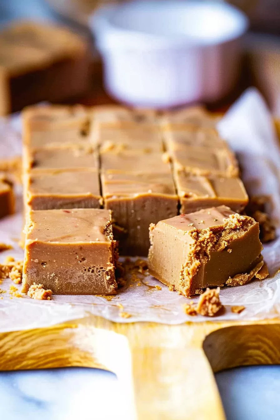 Arrangement of Penuche Fudge cubes on a wooden board lined with parchment paper, highlighting their caramel tones.