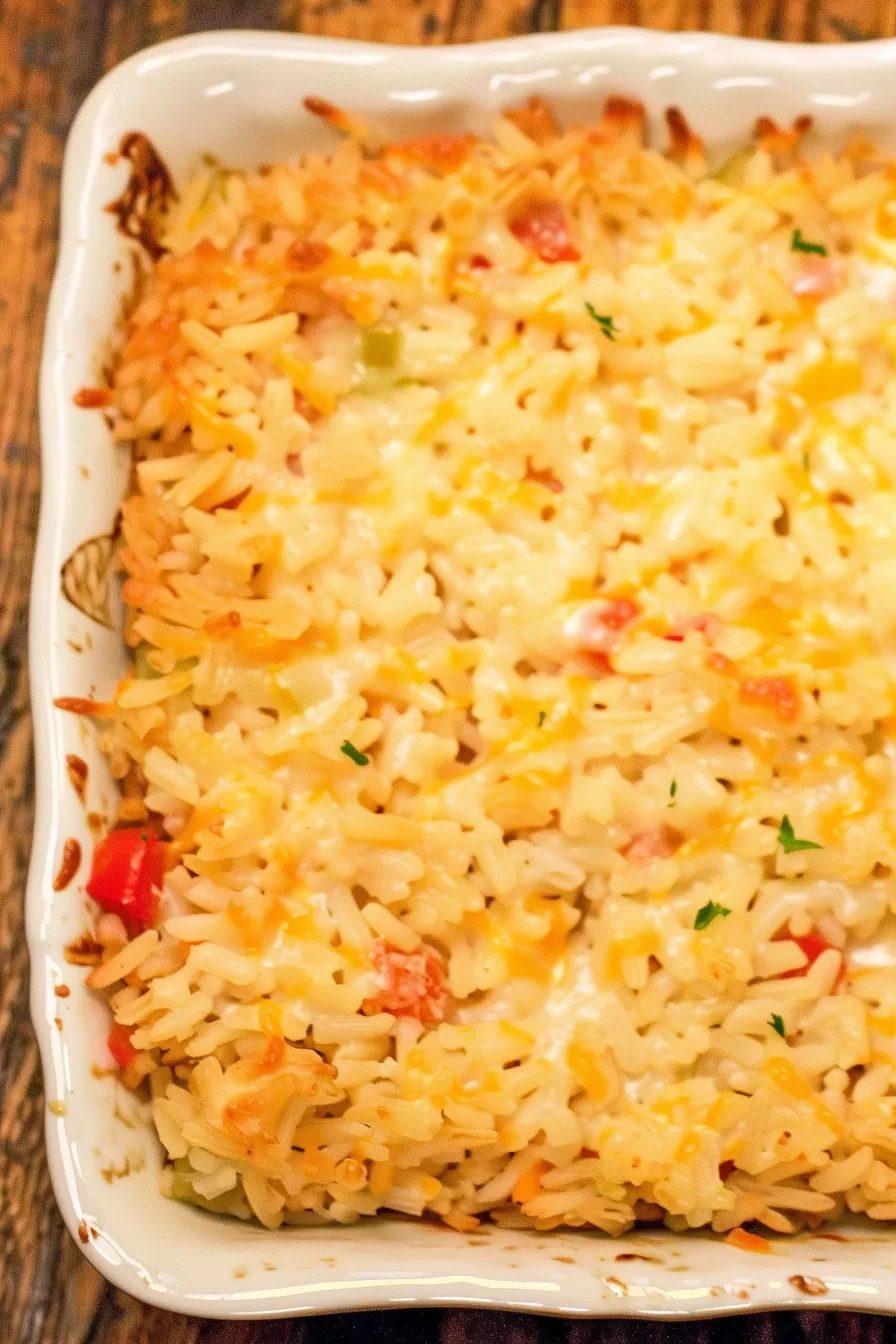 A close-up view of a golden-baked Pepper Jack rice casserole with melted cheese and colorful bell peppers.