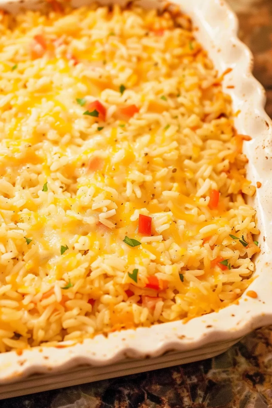 A serving of cheesy Pepper Jack rice bake in a rustic bowl, highlighting the vibrant red and green pepper bits.