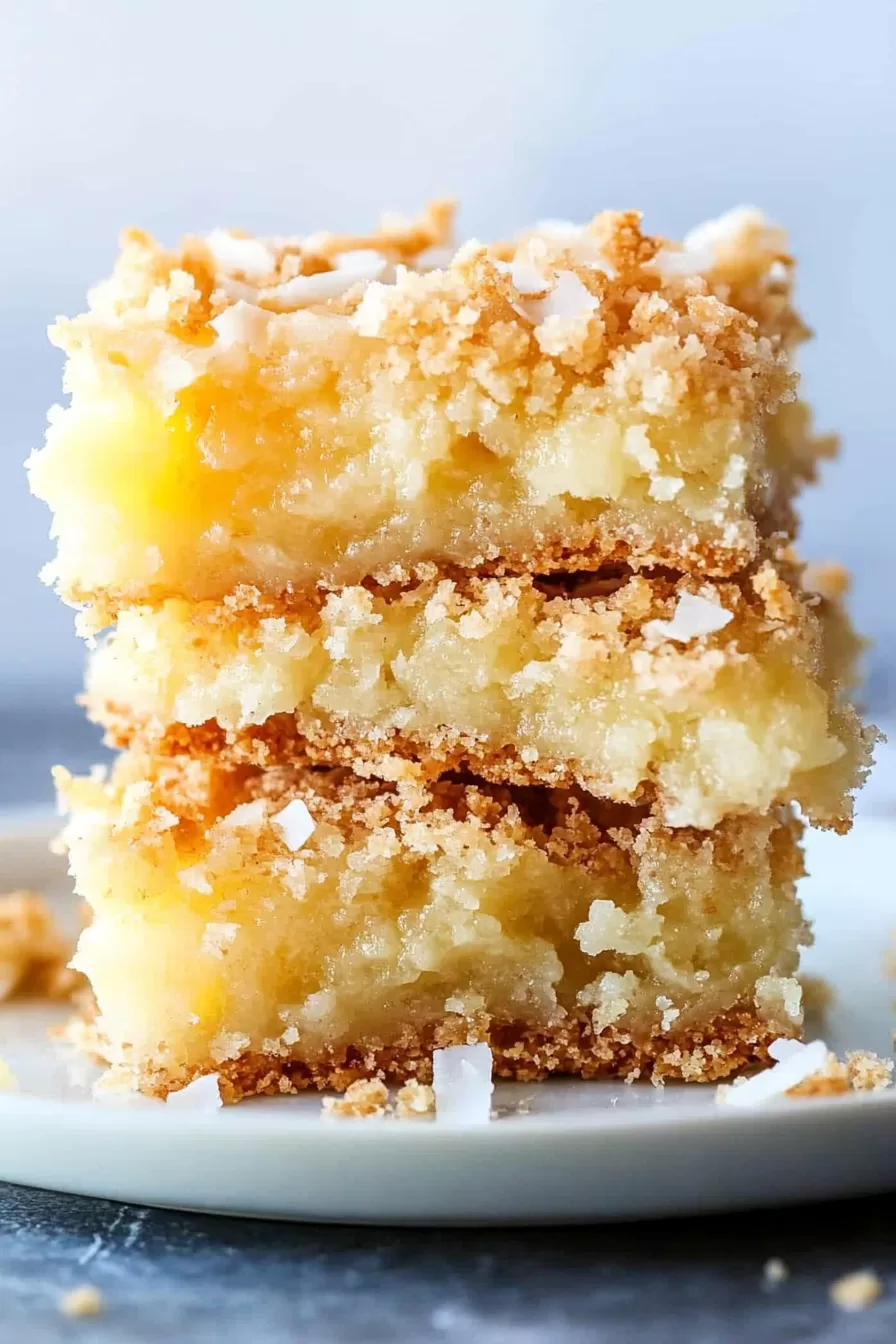 A close-up of stacked pineapple dessert bars with a crumbly topping, showing their moist texture and golden color.