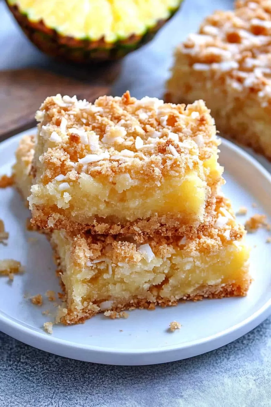 Two pineapple crumb bars on a white plate, highlighting the gooey pineapple filling and crispy crust.