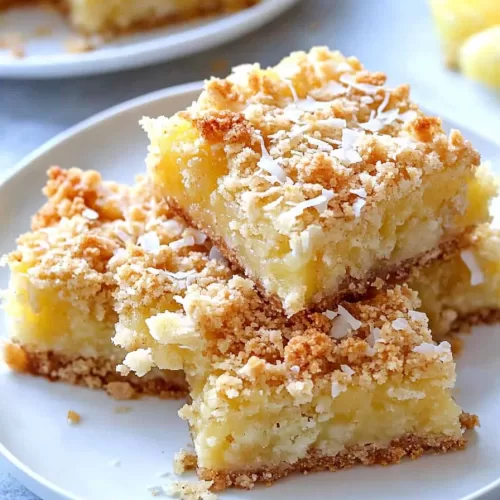 A trio of pineapple dessert bars on a plate, garnished with shredded coconut and golden crumbs.