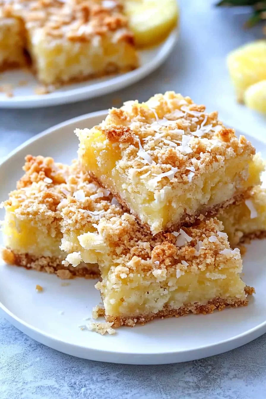 A trio of pineapple dessert bars on a plate, garnished with shredded coconut and golden crumbs.