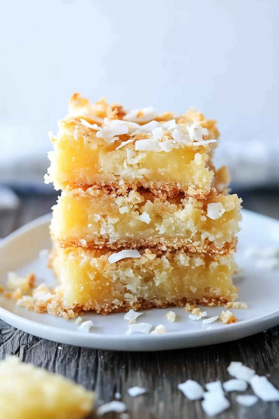 A stack of pineapple bars with a flaky crumb topping, showcasing the layers of sweet filling and crust.